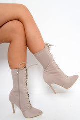 Mocha Stretchy Lace Up Heeled Ankle Boots - Aayla