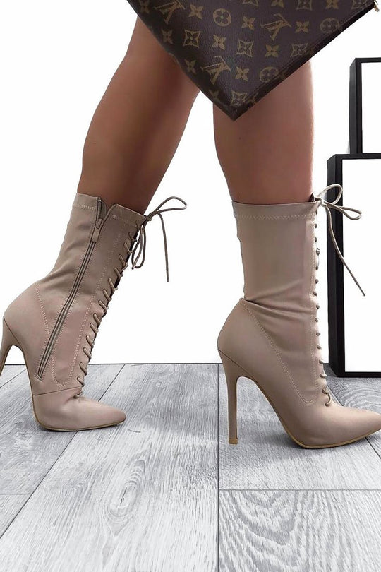 Mocha Stretchy Lace Up Heeled Ankle Boots - Aayla