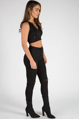 Black Cropped Ribbed Lace Up Top - Amelia