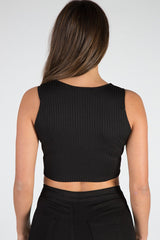 Black Cropped Ribbed Lace Up Top - Amelia