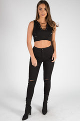 Black Cropped Ribbed Lace Up Top - Amelia