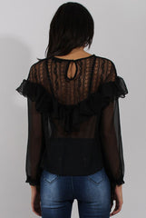 Black Lace Frilled Sheer Top - Linda