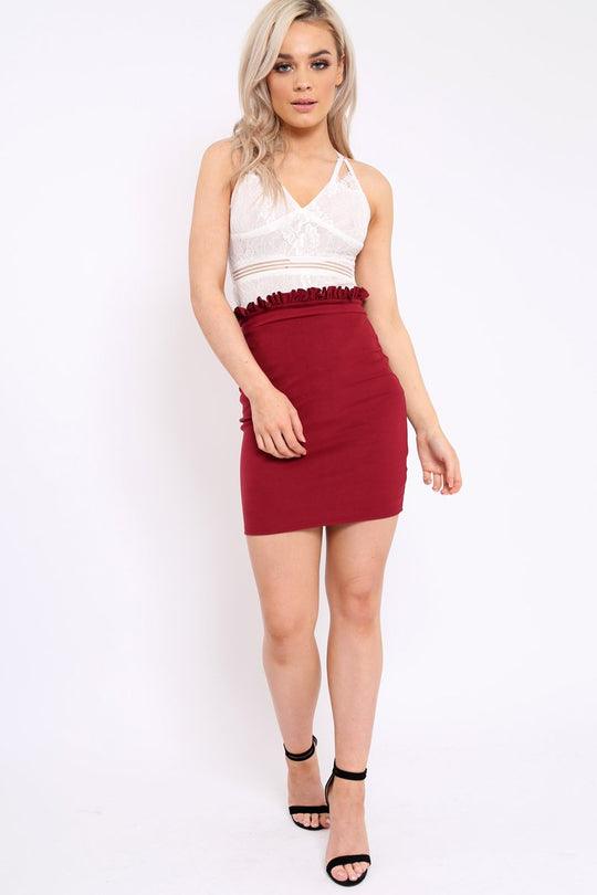Wine Suedette Ruffle Hem Mini Skirt - Abagail