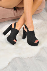Black Faux Suede Peep Toe Platform Heels - Abbi