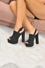 Black Faux Suede Peep Toe Platform Heels - Abbi
