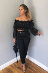 Black Mesh Frill Bardot Top - Rowe