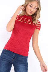 Red Laser Cut Suedette Top - Abbie