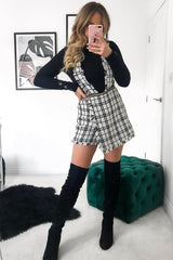 White Black Tweed Pearl Button Playsuit - Jolette