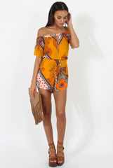 Orange Paisley Print Cut out Detail Bardot Playsuit- Abby