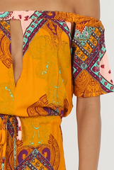 Orange Paisley Print Cut out Detail Bardot Playsuit- Abby