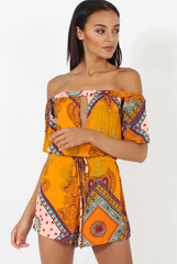 Orange Paisley Print Cut out Detail Bardot Playsuit- Abby