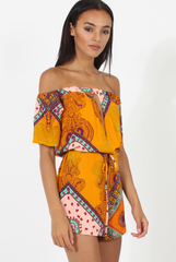 Orange Paisley Print Cut out Detail Bardot Playsuit- Abby