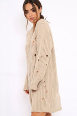 Beige Distressed Cable Knit Jumper Dress - Abea