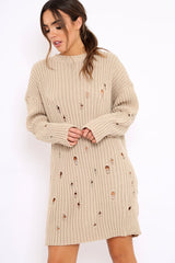 Beige Distressed Cable Knit Jumper Dress - Abea