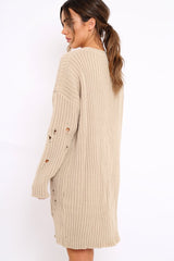 Beige Distressed Cable Knit Jumper Dress - Abea