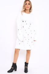 White Distressed Cable Knit Jumper Dress - Abea