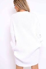 White Distressed Cable Knit Jumper Dress - Abea