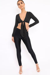Black Polka Dot Crop Tie Top - Abeer