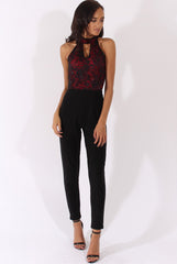 Black And Red Glitter Lace High Neck Jumpsuit - Abella
