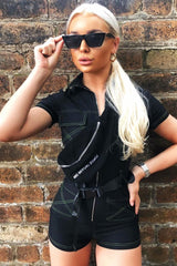 Black Lime Contrast Stitch Utility Belted Playsuit - Mina