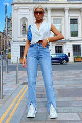 Blue Wash Split Front Straight Jeans - Lilyrose