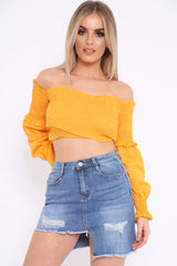 Mustard Shirred Bardot Crop Top - Abisha