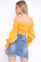 Mustard Shirred Bardot Crop Top - Abisha