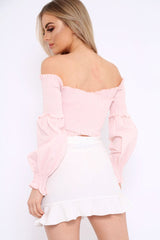 Nude Shirred Bardot Crop Top - Abisha