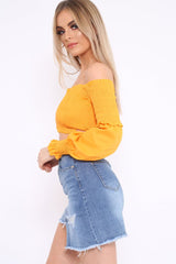 Mustard Shirred Bardot Crop Top - Abisha