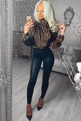 Brown Aztec Print Satin Long Sleeve Bow Shirt - Abrah