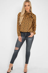 Mustard Aztec Print Satin Long Sleeve Bow Shirt - Abrah