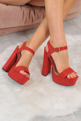 Red Faux Suede Gold Buckle Block Heels - Abreana
