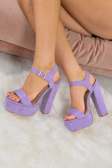 Lilac Faux Suede Gold Buckle Block Heels - Abreana