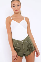 White Ribbed Plunge Wrap Bodysuit - Abriana