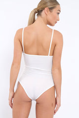 White Ribbed Plunge Wrap Bodysuit - Abriana