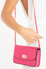 Pink Croc Gold Buckle Clutch Bag - Kenidi