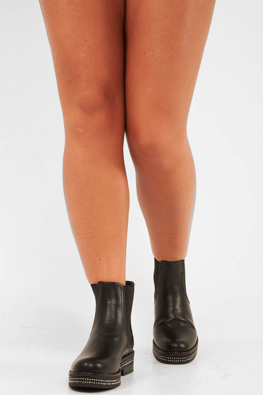 Black PU Diamante Trim Chunky Boots - Seanna