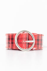 Red Black Check Patent Circle Belt - Fara