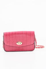 Pink Croc Gold Buckle Clutch Bag - Kenidi