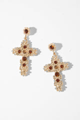 Gold Ornate Embellished Cross Earrings - Sayuri