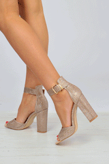 Rose Gold Shimmery Peep Toe Heels with Gold Contrast - Acey