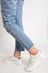 White Studded Lace Up Trainers - Ada