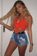 Orange Frill Tie Front Crop Top - Adali