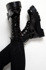 Black Patent Chunky Biker Boots - Adaliz