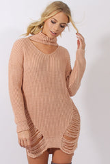 Pink High Neck Cut Out Distressed Jumper Dress - Adalyn