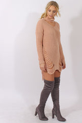 Pink High Neck Cut Out Distressed Jumper Dress - Adalyn
