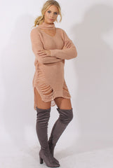 Pink High Neck Cut Out Distressed Jumper Dress - Adalyn