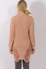 Pink High Neck Cut Out Distressed Jumper Dress - Adalyn