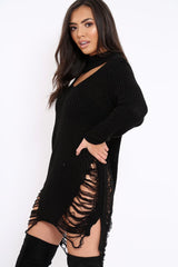 Black High Neck Cut Out Distressed Jumper Dress - Adalyn