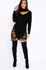 Black High Neck Cut Out Distressed Jumper Dress - Adalyn